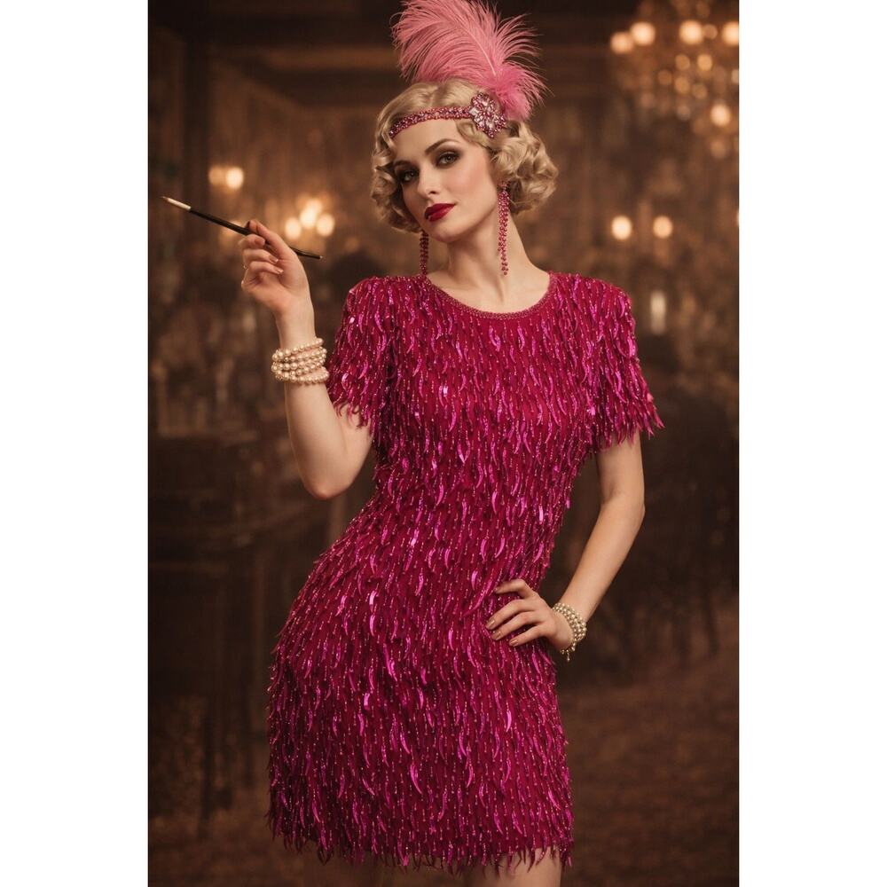 AJ Bari Silk Hot Pink Cattail Sequin Beaded Fringe Vintage Trophy Sheath Dress 6 - Picture 15 of 15